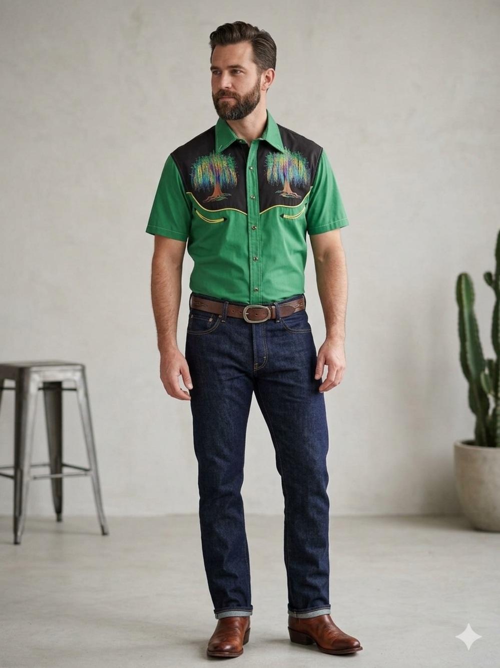 NWOT Boozelele Western Short Sleeve Snap Shirt Green Black Willow Tree Men's